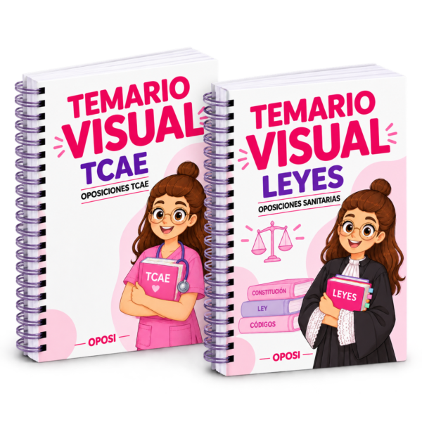 Pack impreso Oposi: Temario Visual TCAE y Temario Visual Leyes, dos libros en 3D con encuadernación lila.